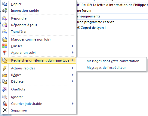 Copie d'écran du menu obtenue par clic droit sur mail
